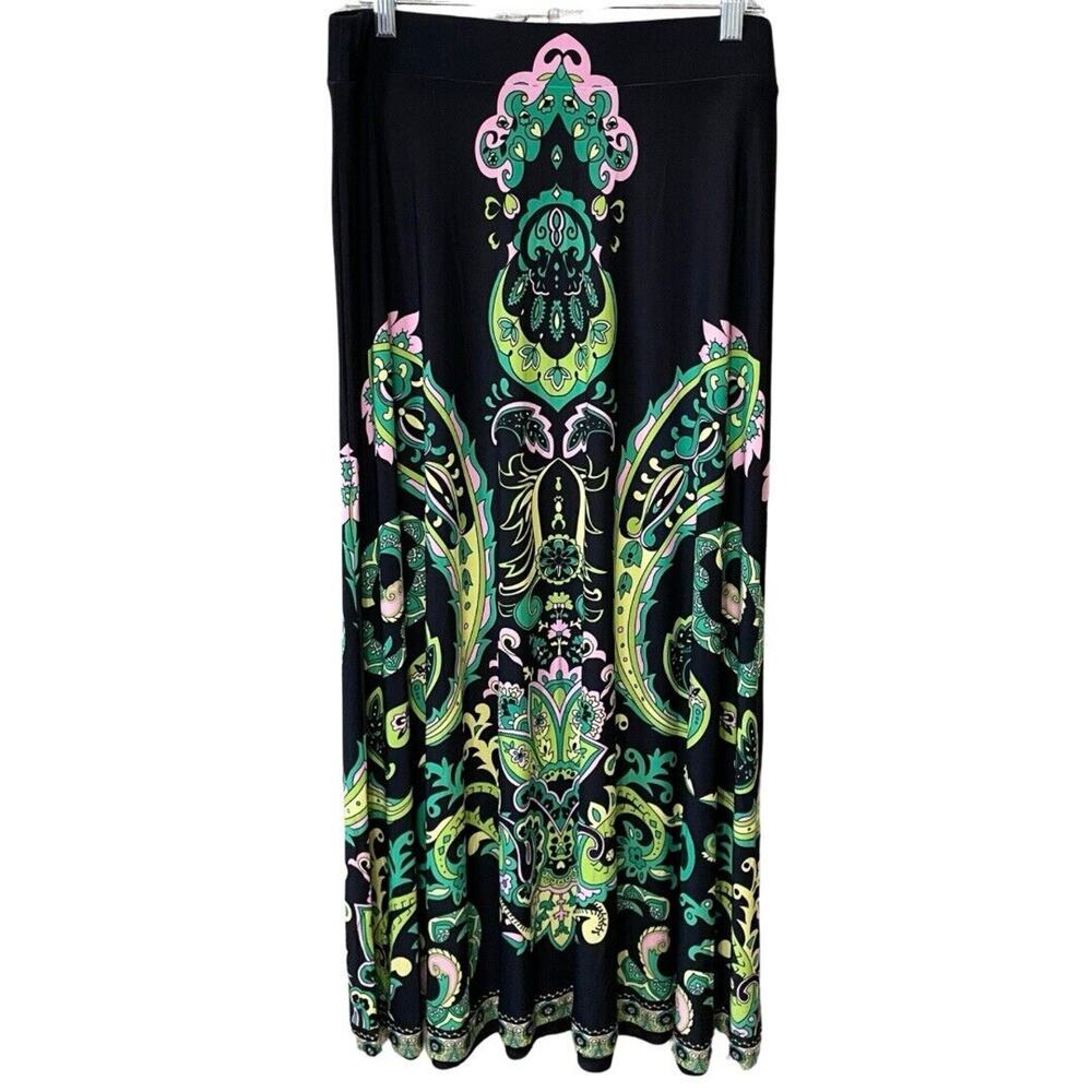 INC Slinky Knit Swing Maxi Skirt Size Large Black Green Pink WICKED NEW
